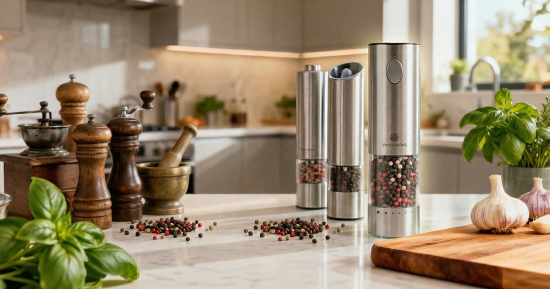 Electric salt and pepper grinder next to traditional manual grinder on kitchen counter, comparing modern and classic seasoning tools
