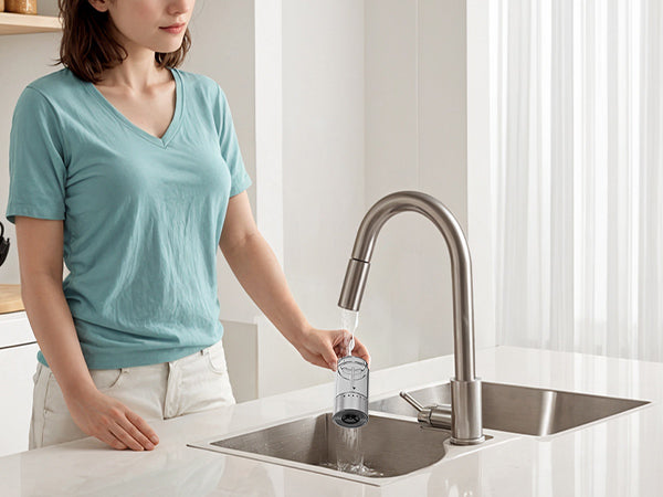Woman rinsing a clear electric grinder container under a kitchen faucet to clean it