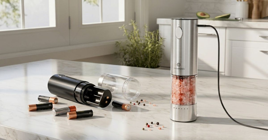 Battery-operated electric pepper grinder with AA batteries next to a rechargeable Vivosparks electric salt grinder with USB-C charging cable on a marble kitchen countertop