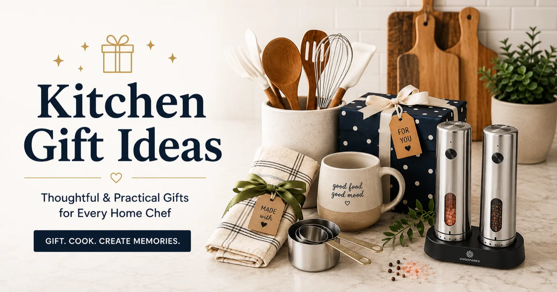 Kitchen gift ideas display with a VIVOSPARKS electric salt and pepper grinder set, plaid tea towel, ceramic mug, measuring cups, and a wrapped gift box on a marble kitchen counter
