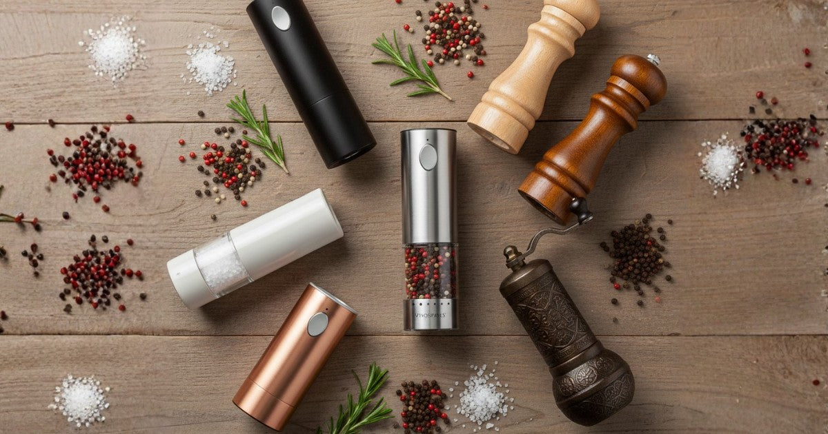 Collection of electric and manual salt and pepper grinders in various styles laid flat on a wooden surface with scattered peppercorns and rosemary