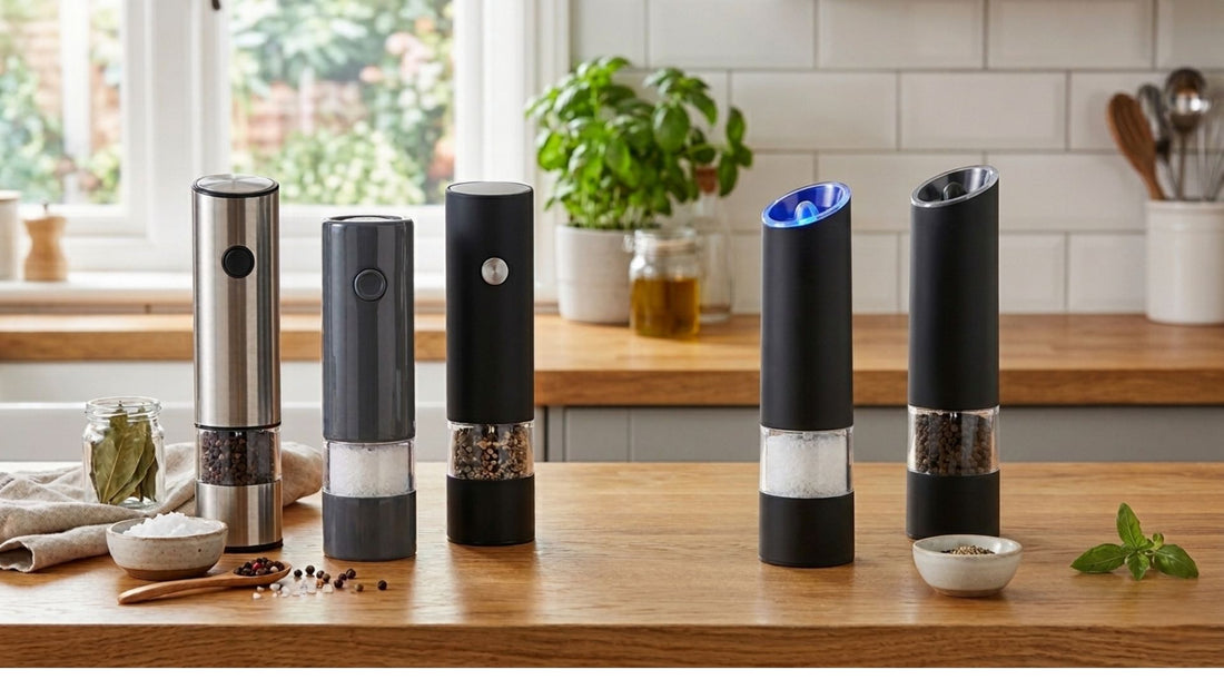 Gravity and button electric pepper grinders side by side on a kitchen counter