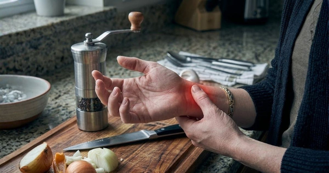 Person with arthritis holding wrist in pain while using a manual pepper grinder in the kitchen