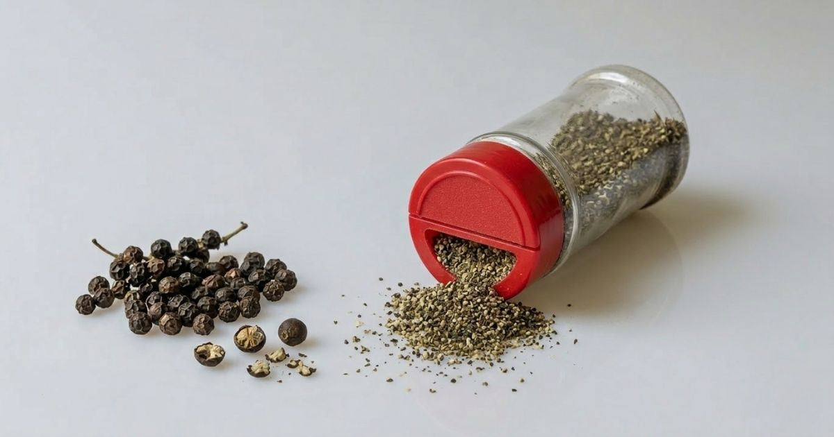 Whole black peppercorns next to freshly ground pepper from a grinder showing the difference in texture and freshness