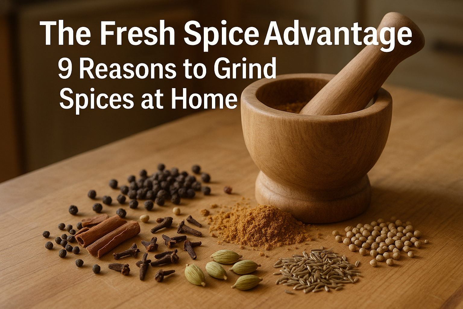 Wooden mortar and pestle surrounded by whole spices including peppercorns, cinnamon sticks, cardamom, cloves, and coriander seeds