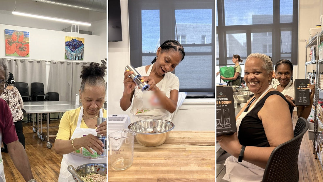 Three moments from a Vetri Community Partnership Cooking for Seniors class in Philadelphia, with Vivosparks electric grinders