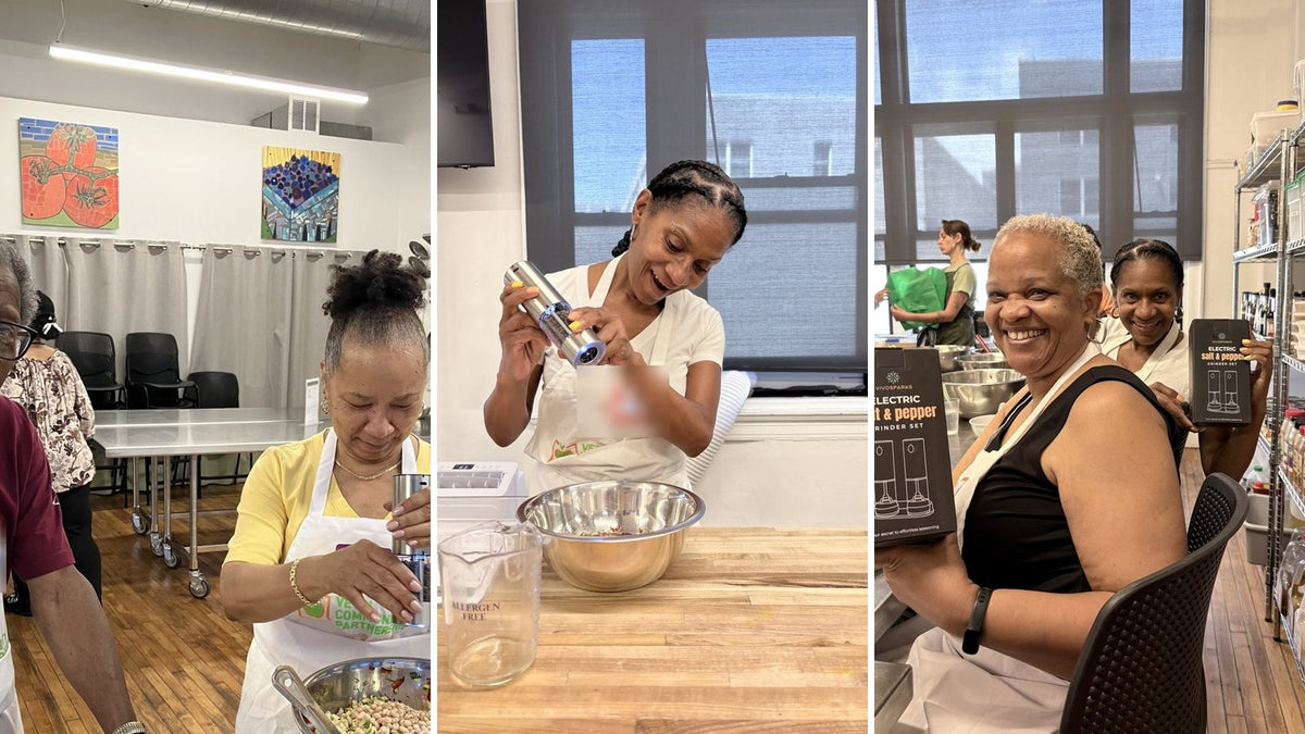 Three moments from a Vetri Community Partnership Cooking for Seniors class in Philadelphia, with Vivosparks electric grinders