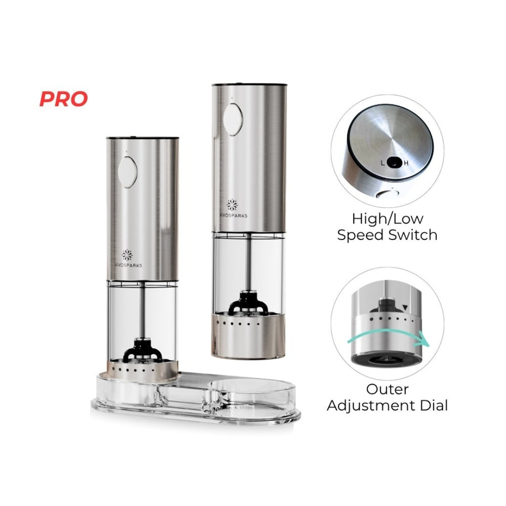 Stainless steel electric pepper grinder with high/low speed switch and outer adjustment dial on a white background.