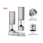 Stainless steel electric pepper grinder with high/low speed switch and outer adjustment dial on a white background.