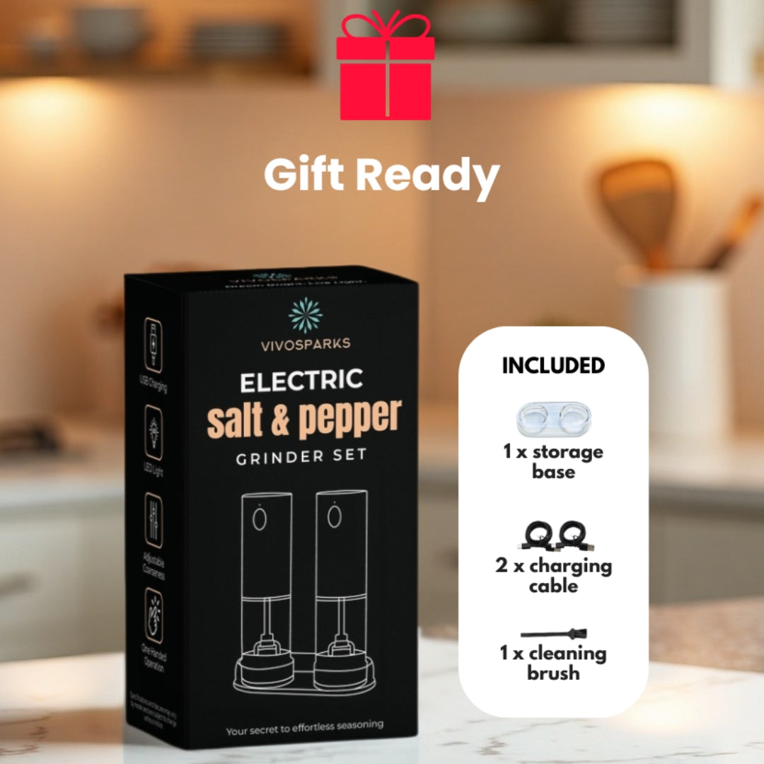 Vivosparks electric salt and pepper grinder set packaging with included items on a kitchen counter.
