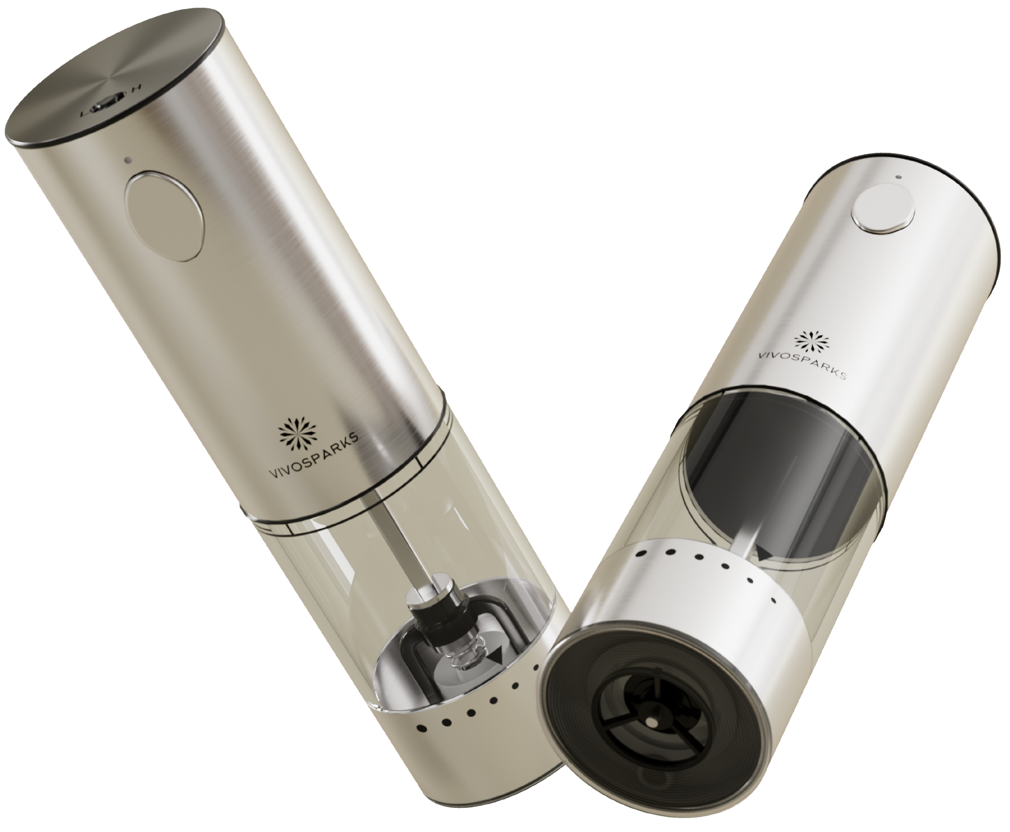 Two electric pepper mills on a white background