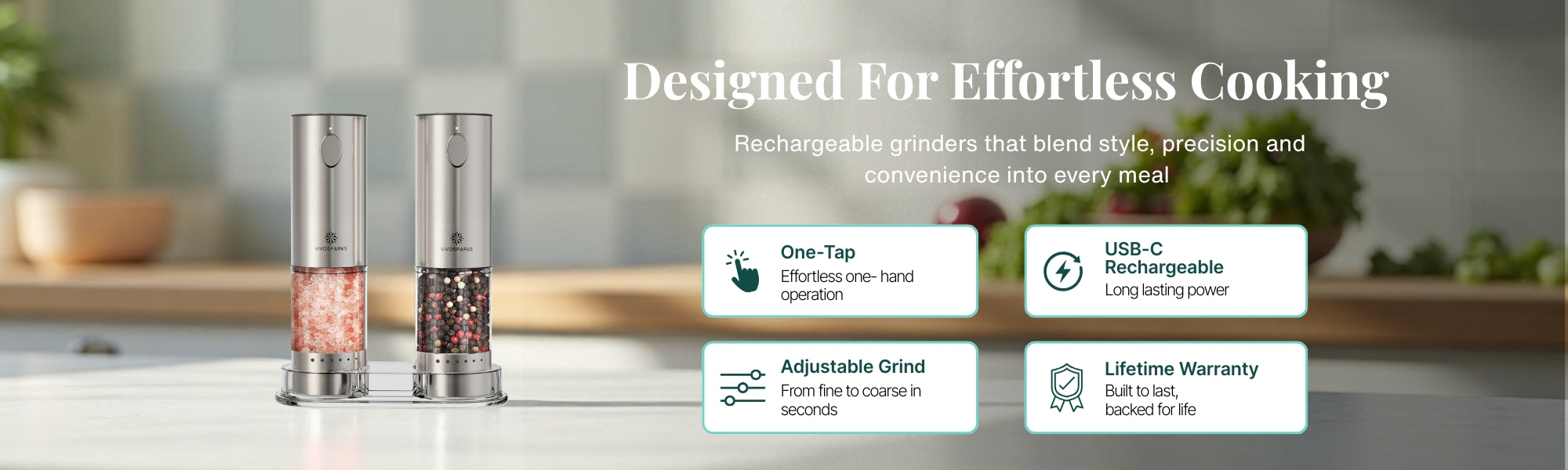 Rechargeable grinders with features highlighted on a kitchen counter background