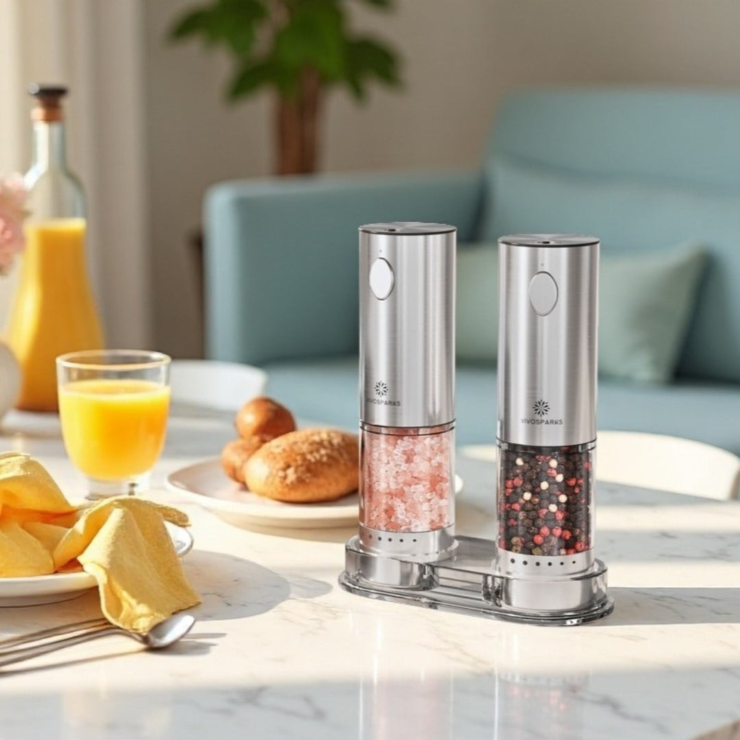 Two pepper mills on a table with food and drinks in the background