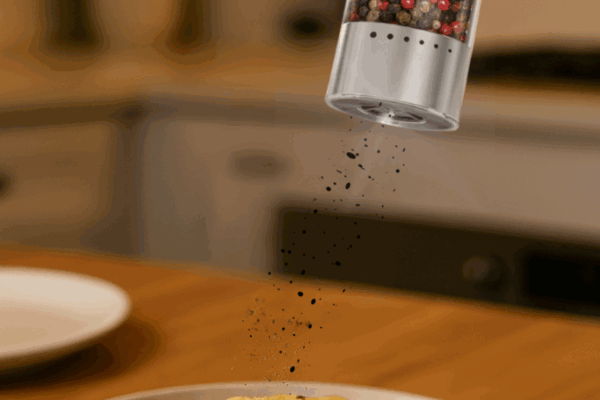 Woman using modern salt and pepper grinder in a stylish home kitchen