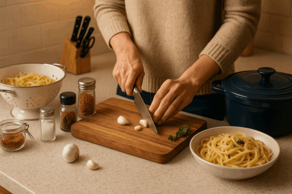 signs you love cooking – cozy kitchen with fresh ingredients and tools