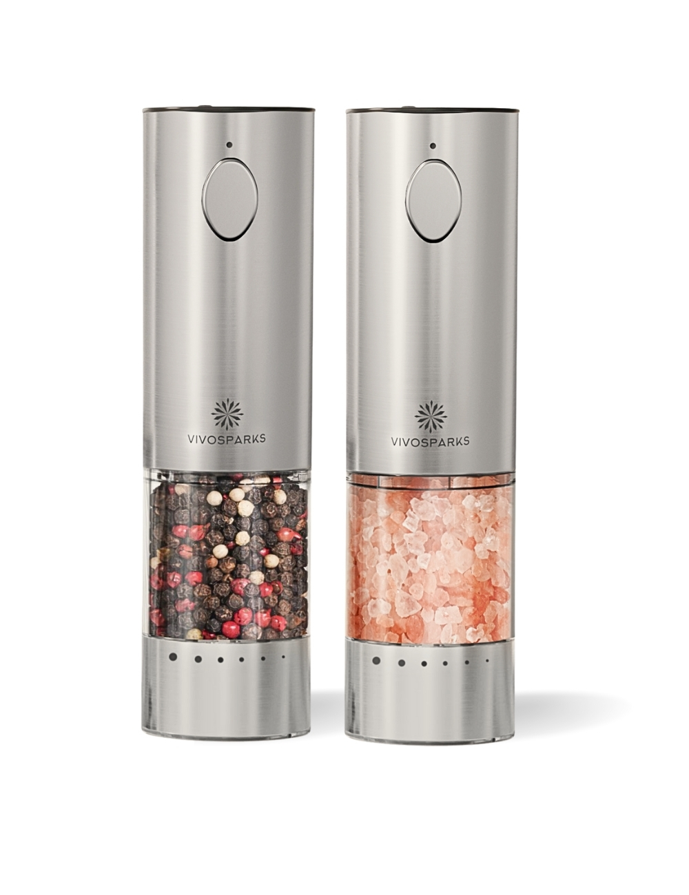 Vivosparks Rechargeable Electric Salt and Pepper Grinder Set – Brushed Stainless Steel Pair of Vivosparks rechargeable electric salt and pepper grinders in brushed stainless steel with adjustable coarseness settings