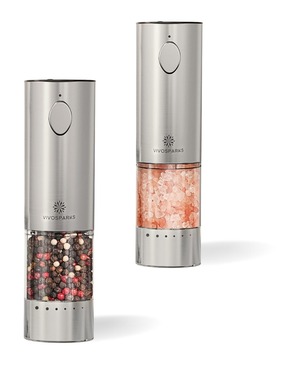 Vivosparks Electric Salt and Pepper Grinders – Adjustable Coarseness, Rechargeable, Stainless Steel Two Vivosparks rechargeable stainless steel salt and pepper grinders with adjustable coarseness settings, filled with Himalayan pink salt and mixed peppercorns